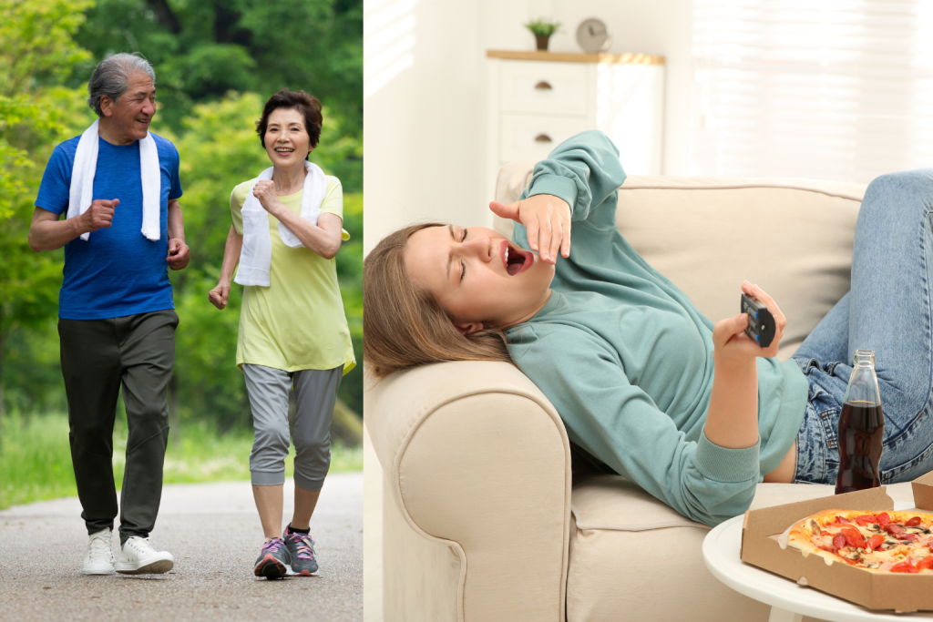 women eating bad food on sofa